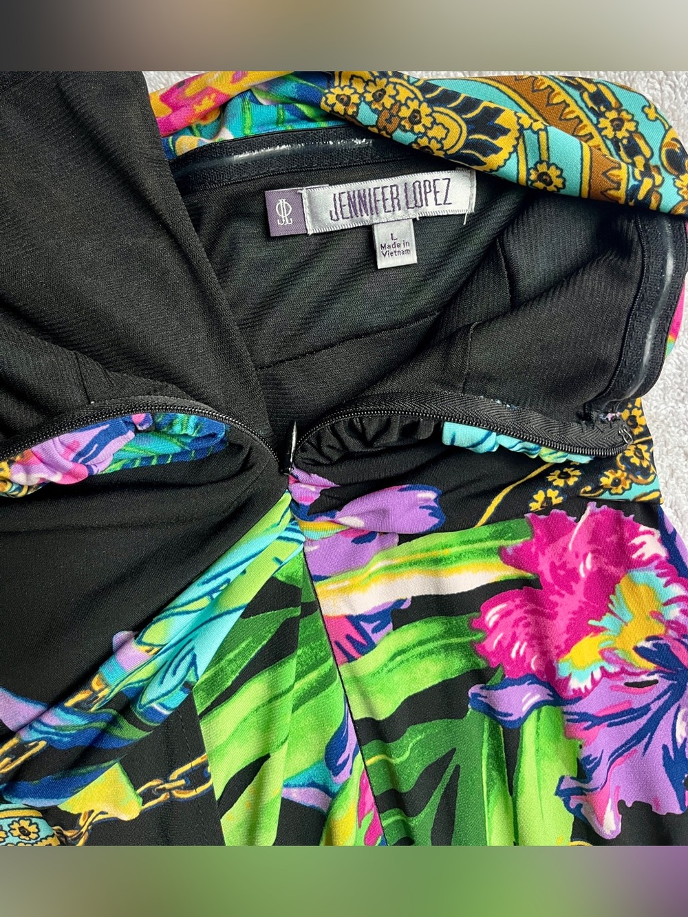 Jennifer Lopez SEXY Black Strapless Tropical Print Dress chain pattern L - Picture 2 of 11